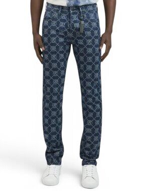 PRPS Takora Demon Slim Straight Jeans Men 32x34 Indigo Monogram Knit Denim MCM N